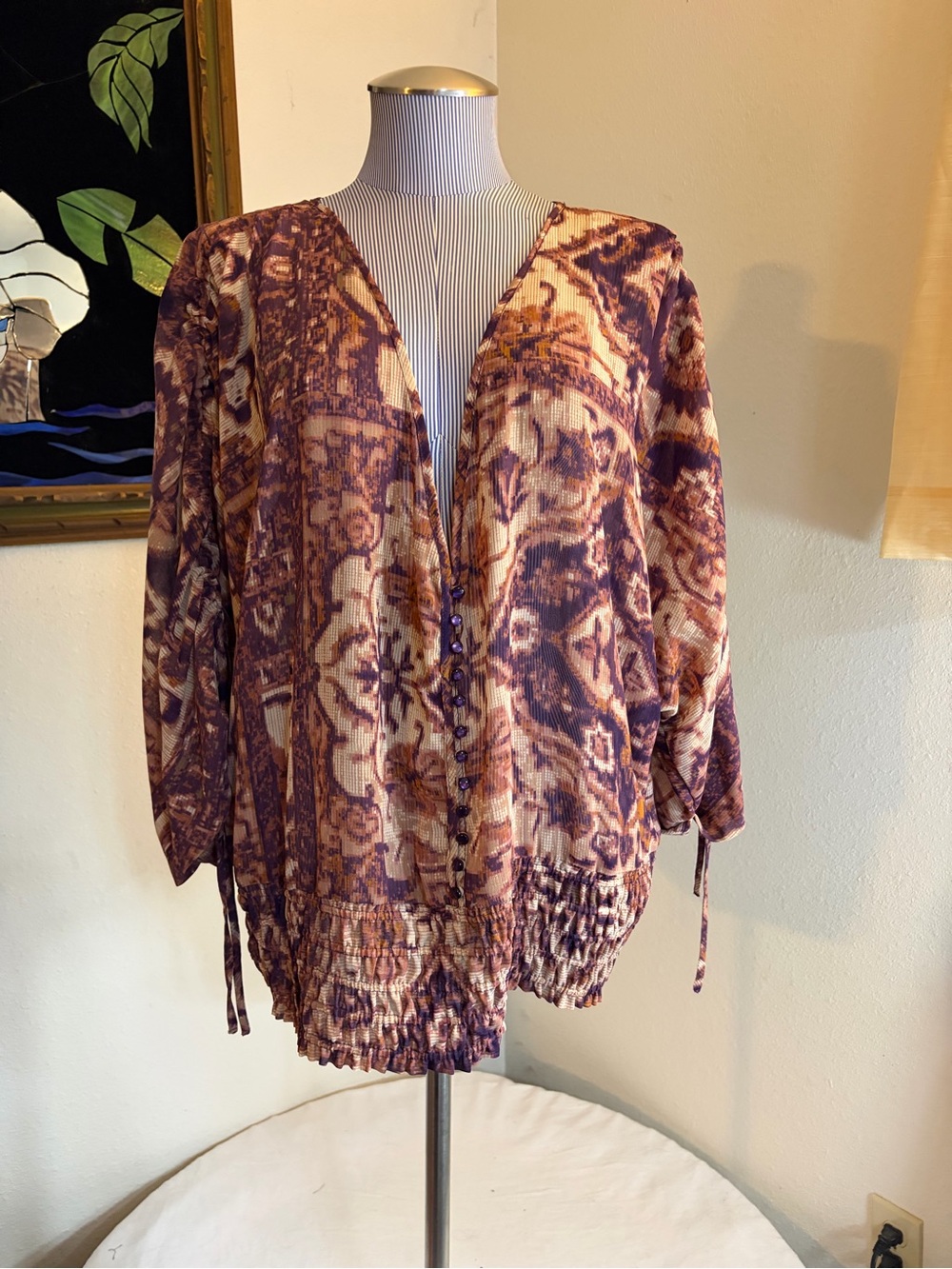 Route 66 Purple & Cream Patterned V-Neck Blouse